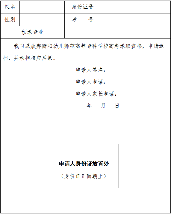 自愿放棄衡陽幼兒師范高等?？茖W(xué)校2020年高考錄取資格申請表